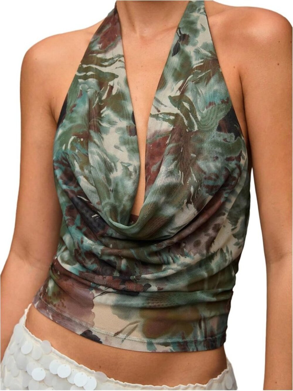 Y2K Sheer Mesh Halter Top - Backless, Sleeveless, Cowl Neck for Clubbing